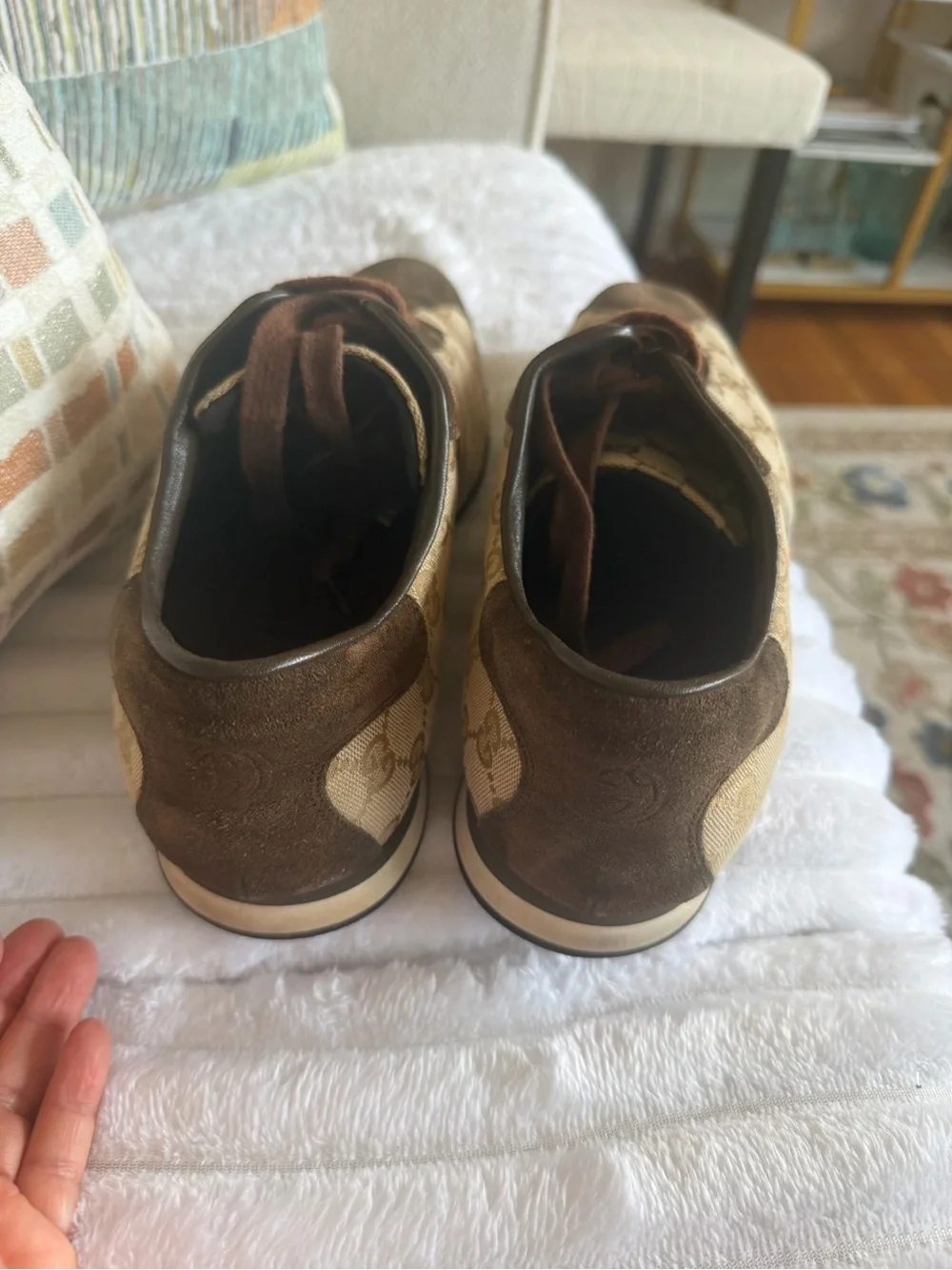 Gucci Brown/Beige Logo Canvas & Suede Athletic Sneakers with Orange Stripe